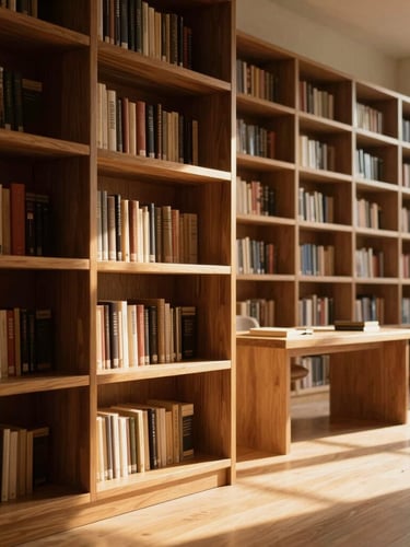 Architectural detail of a quiet, sunlit private library, warm golden-hour light filtering through tall wooden shelves, elegant minimalist desk in the background, highly sophisticated atmosphere.