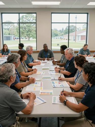 Wide environmental shot of a community center meeting room, volunteers and participants seated around folding tables covered in printed health resource handouts, natural daylight through tall windows, diverse group of adults engaged in a workshop discussion, hands gesturing over materials