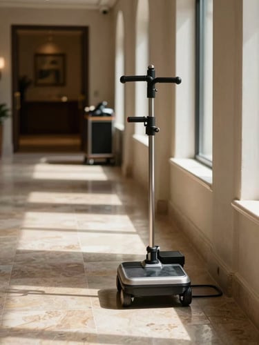Close-up of a hotel hallway interior at a boutique property — warm natural window light falling across polished stone floors, a housekeeping cart partially visible at the far end, operational detail emphasising the working rhythm of a well-run property