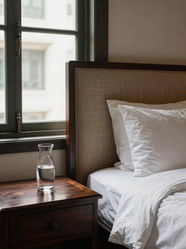 Close detail of a boutique hotel room in a Bangkok heritage property — natural window light on hand-stitched headboard fabric, dark teak bedside table with a carafe of water, crisp white linen turned down, no people