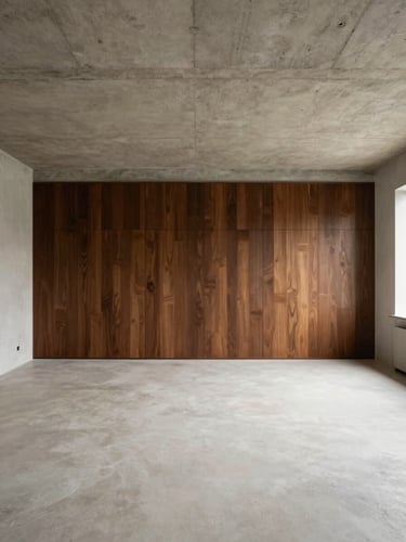 Wide interior shot of an empty minimalist apartment room under north-facing daylight, exposed concrete ceiling with visible formwork marks, a single wall of dark wood joinery panels running floor to ceiling, pale off-white concrete floor, no furniture, architectural stillness
