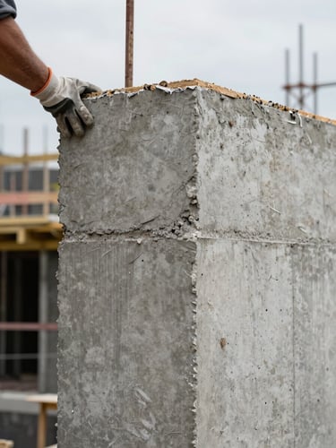 Close-up of a construction site detail on a high-end residential project — a concrete wall form being stripped to reveal raw texture, a worker's gloved hand at the edge, overcast natural light, no staging or decoration, documentary framing