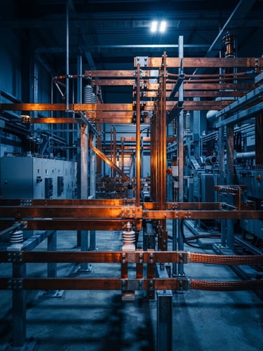 Sharp industrial photography of a massive copper electrobarra system inside a modern substation, dramatic technical lighting, deep blue ambient tones with warm orange highlights, crisp focus, 35mm