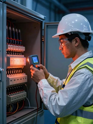 Certified Colombian electrical engineer in full safety PPE taking thermal measurements of an industrial electrical panel, high-contrast dramatic technical lighting, deep blue and copper tones, 35mm