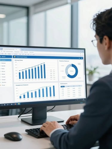 Over-the-shoulder perspective of an executive analyzing a clean financial and operational data dashboard on a screen in a bright, modern corporate office, daylight, cool blue tones, professional photography.
