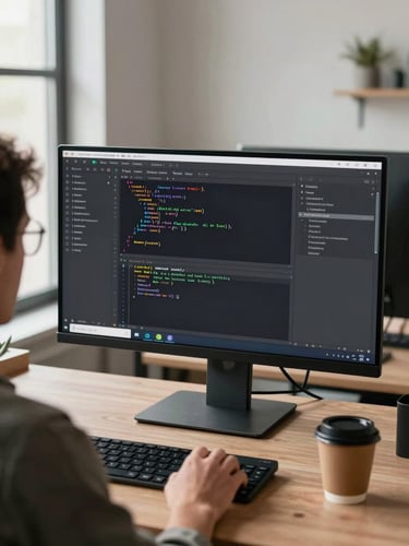 Over-shoulder view of a developer at a wide monitor, neutral office daylight from a window to the left, code editor filling the screen with real syntax highlighting visible, coffee cup at desk edge