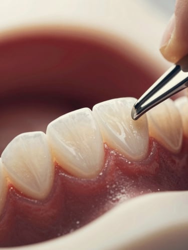 Macro detail shot of high-end porcelain veneers being meticulously adjusted, warm soft lighting, cream and deep cherry background, shallow depth of field