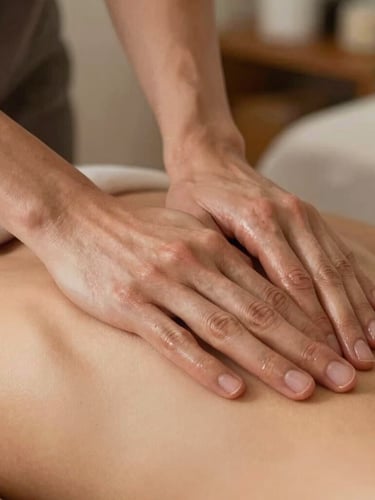 Close-up de mãos firmes realizando uma massagem terapêutica em ambiente acolhedor com iluminação natural suave e tons terrosos.
