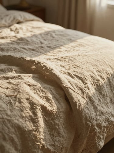 Close-up of warm linen textures in a sun-drenched room, soft golden-hour light, organic earthy tones, shallow depth of field, 35mm film aesthetic
