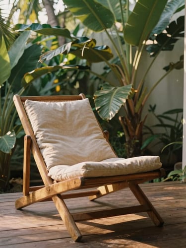 A quiet corner of a boutique inn, a wooden lounge chair with a linen cushion on a rustic deck, surrounded by lush tropical plants, soft afternoon sun