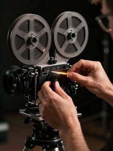 High-contrast close-up of a director's hands adjusting a 16mm film camera on a dark set, moody tungsten light leak, deep shadows.
