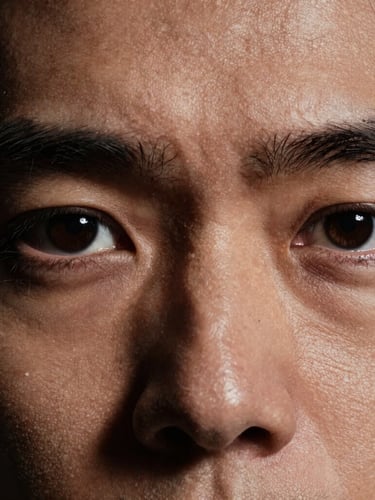 Extreme close-up portrait of a director's eyes reflecting a harsh key light, high contrast, heavy tactile grain, pitch-black background.