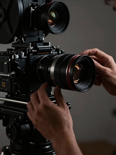 Low-key high-contrast shot of hands adjusting an anamorphic lens on a heavy film camera, moody tungsten lighting, dark shadows.