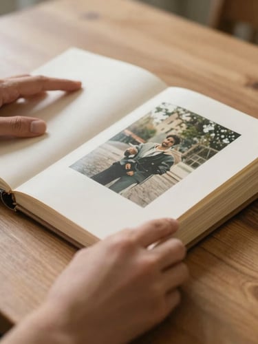Hands holding a vintage photo album while sorting keepsakes during a gentle home downsizing process.