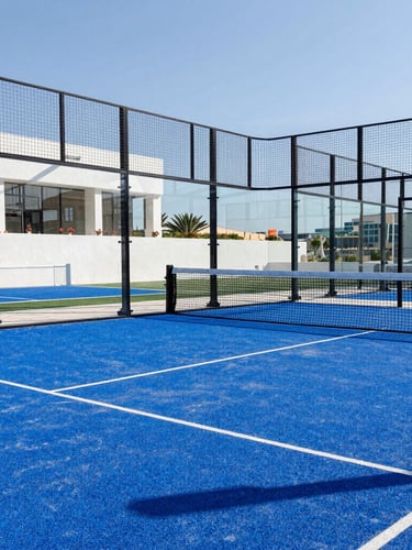 Close-up of high-quality padel court materials, blue turf, and steel structure under bright Mediterranean sunlight, architectural photography, 35mm lens.