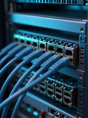 Close-up, high-contrast shot of a server rack with electric-cyan backlighting, macro depth of field, focused on network cables