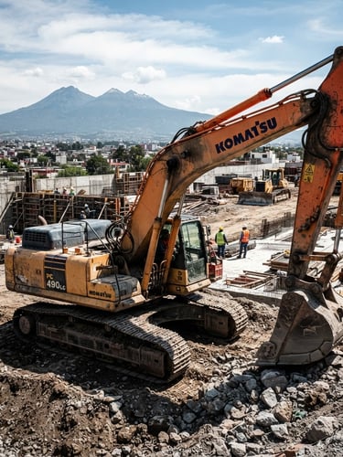 Wide-angle industrial photography of a heavy hydraulic excavator parked on a construction site in Puebla, sharp high-contrast daylight, gritty textures, safety orange accents on the machine, deep charcoal shadows.