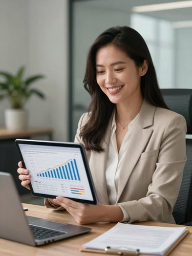 Enfoque medio de una profesional de finanzas sonriendo en una oficina iluminada por luz natural, sosteniendo una tableta que muestra gráficas de rendimiento claras, ambiente corporativo moderno y confiable.