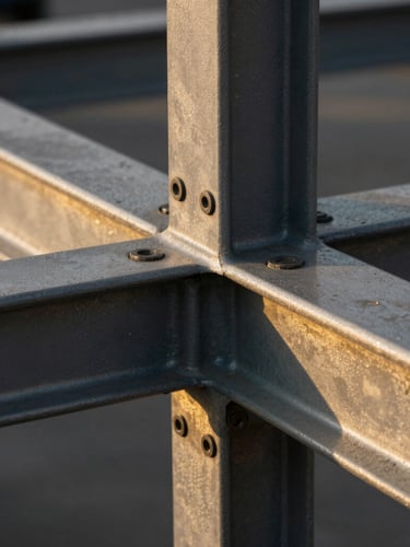 Extreme close-up of precise engineering joints in structural steel, dramatic studio lighting, deep shadows, golden hour reflections.