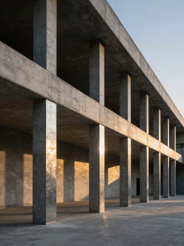 Dramatic low-key architectural shot of a modern concrete and steel foundation, golden hour light reflecting on metal joints, clean lines, negative space.