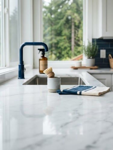 Close-up of a pristine, polished marble countertop in a sunlit Pacific Northwest home, sharp focus, 35mm, reflecting clean lines, with subtle eco-friendly cleaning tools blurred in the background.