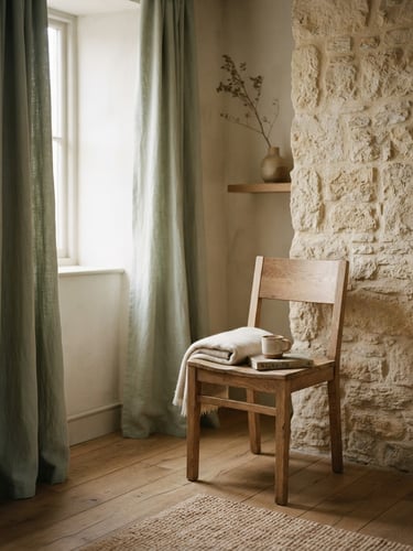 A quiet, minimalist sunlit room with soft sage curtains, a wooden chair beside a textured stone wall, diffused overcast daylight, warm editorial photography, 35mm.