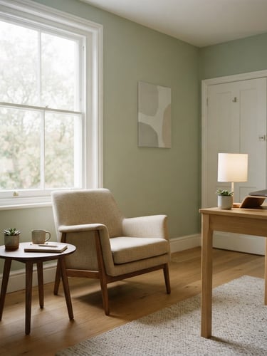 A wide, quiet clinical office interior with soft overcast daylight streaming through a window, a comfortable armchair, soft sage green walls, minimalist and calming atmosphere.