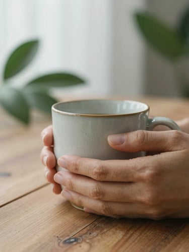 A close-up of hands holding a warm ceramic mug on a rustic wooden table, soft-focus green leaves in the background, diffused overcast daylight, shallow depth of field.