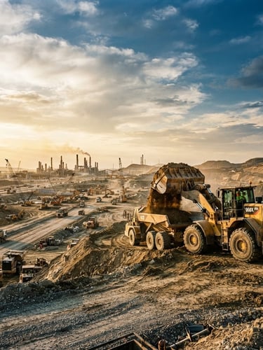 Wide panoramic industrial construction site at golden hour, a large yellow frontal loader with a full bucket of dirt in the right third, expansive sky, low horizon. Gritty industrial photography, bright harsh daylight, high contrast warm tones, sharp focus, 35mm.