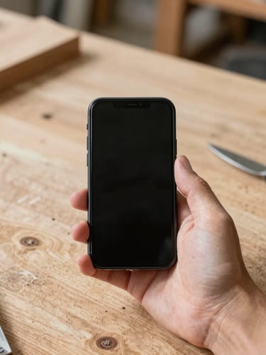 First-person perspective of a carpenter holding a mobile phone on a raw wood workbench, bright natural daylight, sharp focus, 35mm lens