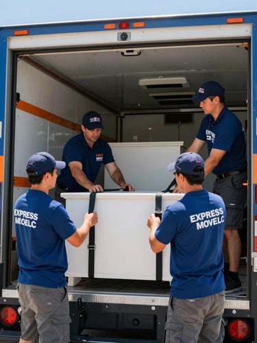 Professional Express Move LLC crew carefully securing furniture in a branded moving truck, bright South Florida sunlight, tight detail shot of cargo straps.