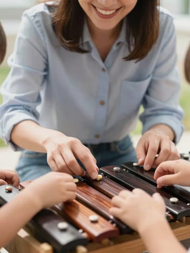 Eye-level medium shot of the certified educator's hands gently guiding a child's hands on a wooden xylophone, both smiling, bright natural daylight, shallow depth of field.