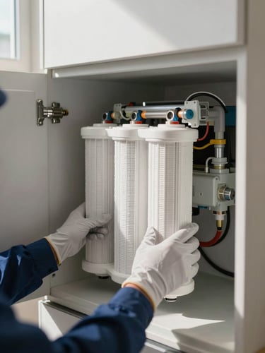 Close-up environmental shot inside a kitchen cabinet, technician's gloved hands securing a filter housing to a wall-mounted RO unit, white filter cartridges visible in a row, natural daylight from a window to the left casting soft shadows across the cabinet interior