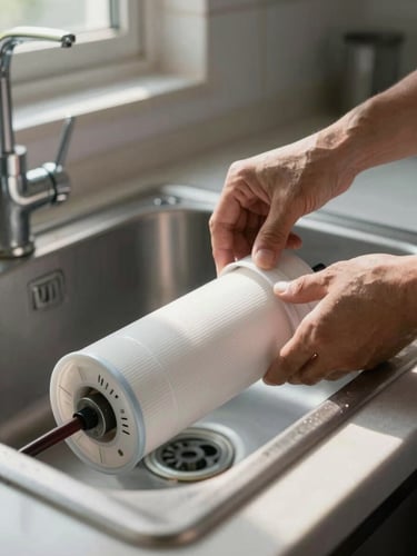 Close-up environmental shot, technician hands removing a cylindrical filter cartridge from an RO unit mounted under a kitchen sink, natural morning window light falling across the cartridge and work surface, shallow depth of field with tiled wall visible in background