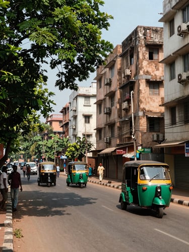 Ground-level street scene in Kondapur, Hyderabad—residential apartment blocks lining a wide road, auto-rickshaws and pedestrians in natural daylight, lush trees framing the frame left, shot from pavement height looking down the street