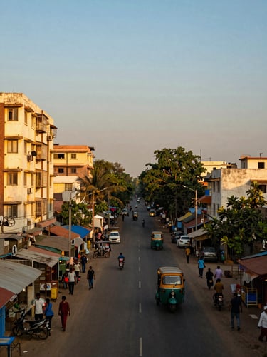 Wide panoramic street-level view of a Hyderabad residential neighborhood at golden hour, a tree-lined avenue stretching into the distance to the right, apartment blocks and local shops visible on both sides, warm amber light raking across building facades, pedestrians and auto-rickshaws in natural motion, generous sky above