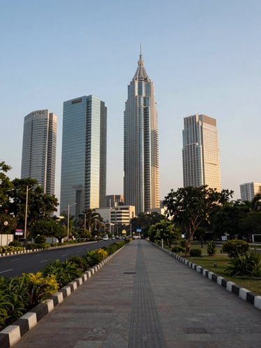 Wide-angle ground-level view of Hyderabad's HITEC City skyline from a pedestrian walkway, modern glass towers rising behind a tree-lined boulevard, warm late-afternoon daylight, no people in foreground