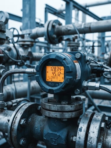 Macro detail shot of a digital flow meter in a midstream gas facility, cool overcast daylight, desaturated steel blues with high-contrast orange accents, sharp focus.