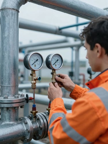 Crisp daylight shot of a technician in high-visibility gear adjusting a digital flow meter on a pipeline manifold, desaturated steel blues, high-contrast orange accents, sharp focus.