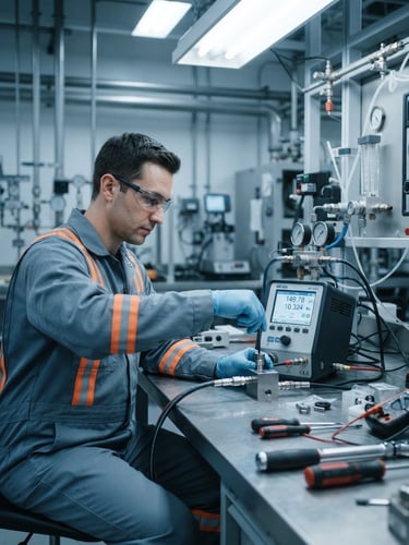 Close-up of an industrial technician in clean high-visibility gear calibrating a precision measurement instrument in a cool-lit midstream laboratory environment, sharp focus, desaturated steel blue tones