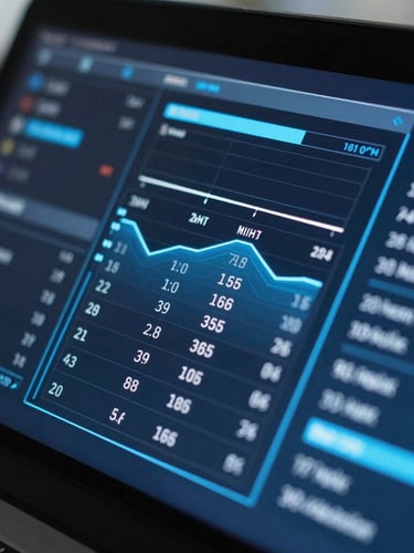 Extreme close-up of a high-contrast digital dashboard displaying real-time talent pipeline metrics, cool blue data interfaces, sharp graphical lines, crisp architectural lighting, shallow depth of field.