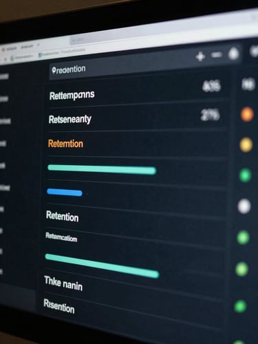 Extreme close-up of a clean data dashboard interface showing retention metrics, cool daylight, high contrast.