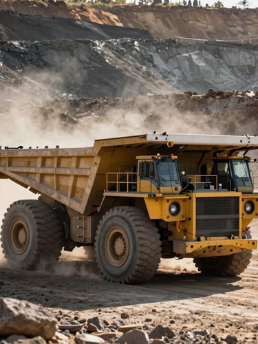 An autonomous heavy mining haul truck operating in a vast open-pit mine, dramatic side lighting, dust catching the morning sun.