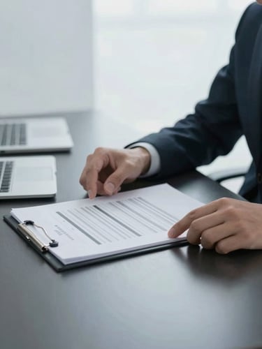 Close-up of a consultant's hands reviewing structured financial documents on a dark steel desk, cool diffused light, minimalist professional aesthetic