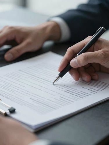 Macro close-up of hands reviewing a structured financial document on a dark slate desk, cool diffused office light, sharp focus, 35mm lens
