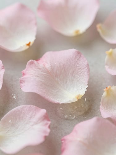 Macro detail shot of soft pink and white rose petals suspended in crystal-clear resin, soft natural daylight, shallow depth of field