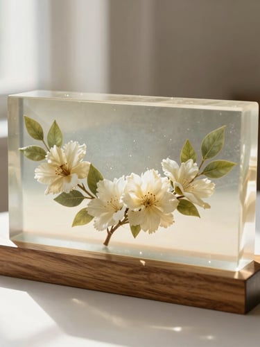 A finished rectangular resin block containing a preserved wedding Varmala garland, resting on a polished teakwood base in a sunlit room, editorial photography
