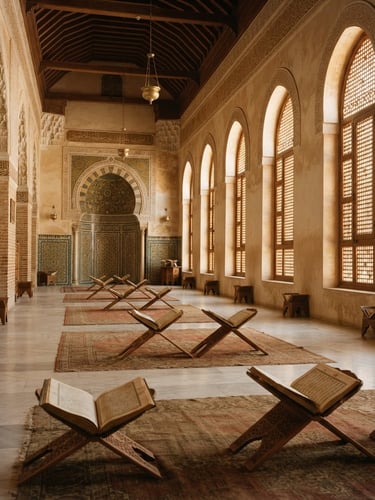 Warm architectural photography of a serene Islamic study hall, soft natural daylight filtering through arched windows, elegant geometric wooden bookstands, no people, 35mm