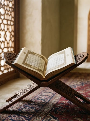 Soft natural daylight filtering through a carved wooden screen onto an open Quran on a low wooden stand, serene warm cream tones, 35mm photography