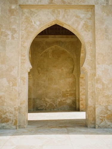 An elegant geometric archway in a traditional Islamic building, warm sunlight casting soft shadows on clean stone floors, peaceful empty space, 35mm